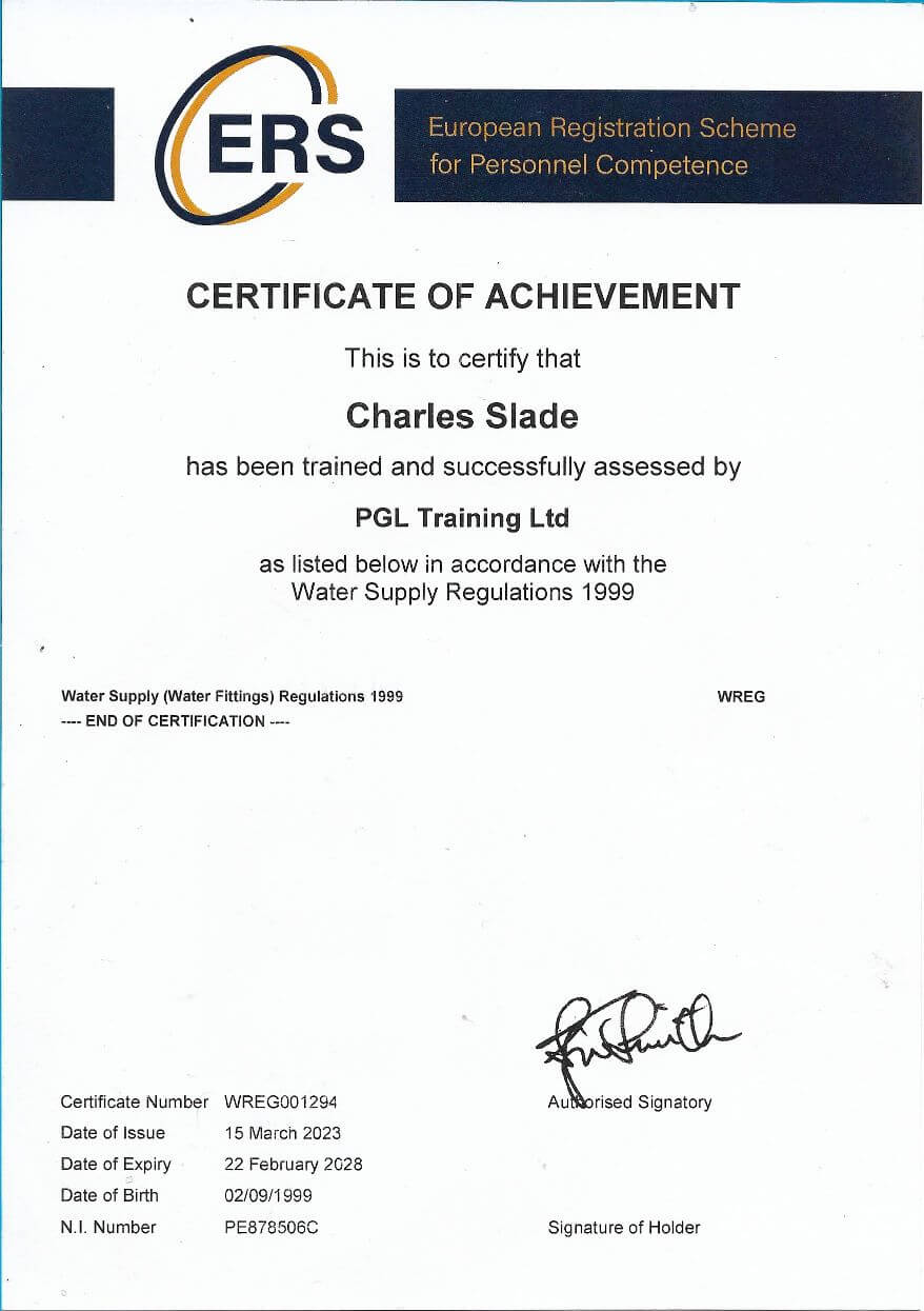 Charlie's plumbing certificate 1